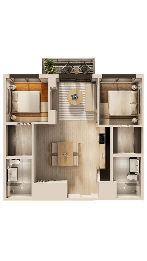 Floor plan for 2 beds, 2 baths, 959 sqft